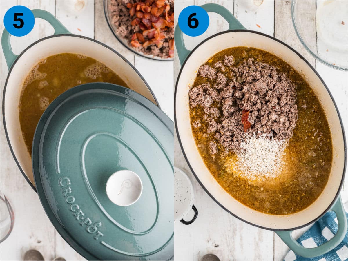A collage of two images showing how to make dirty rice, steps 5-6.