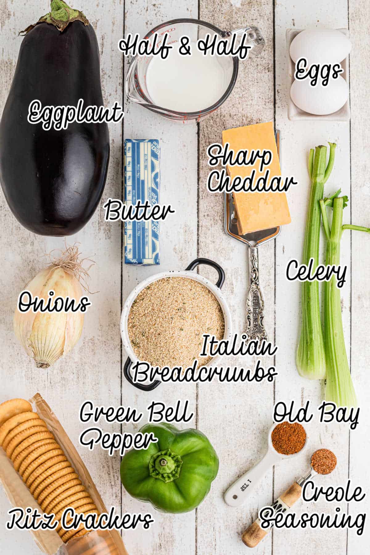 Ingredients needed to make an eggplant casserole, with text overlay.