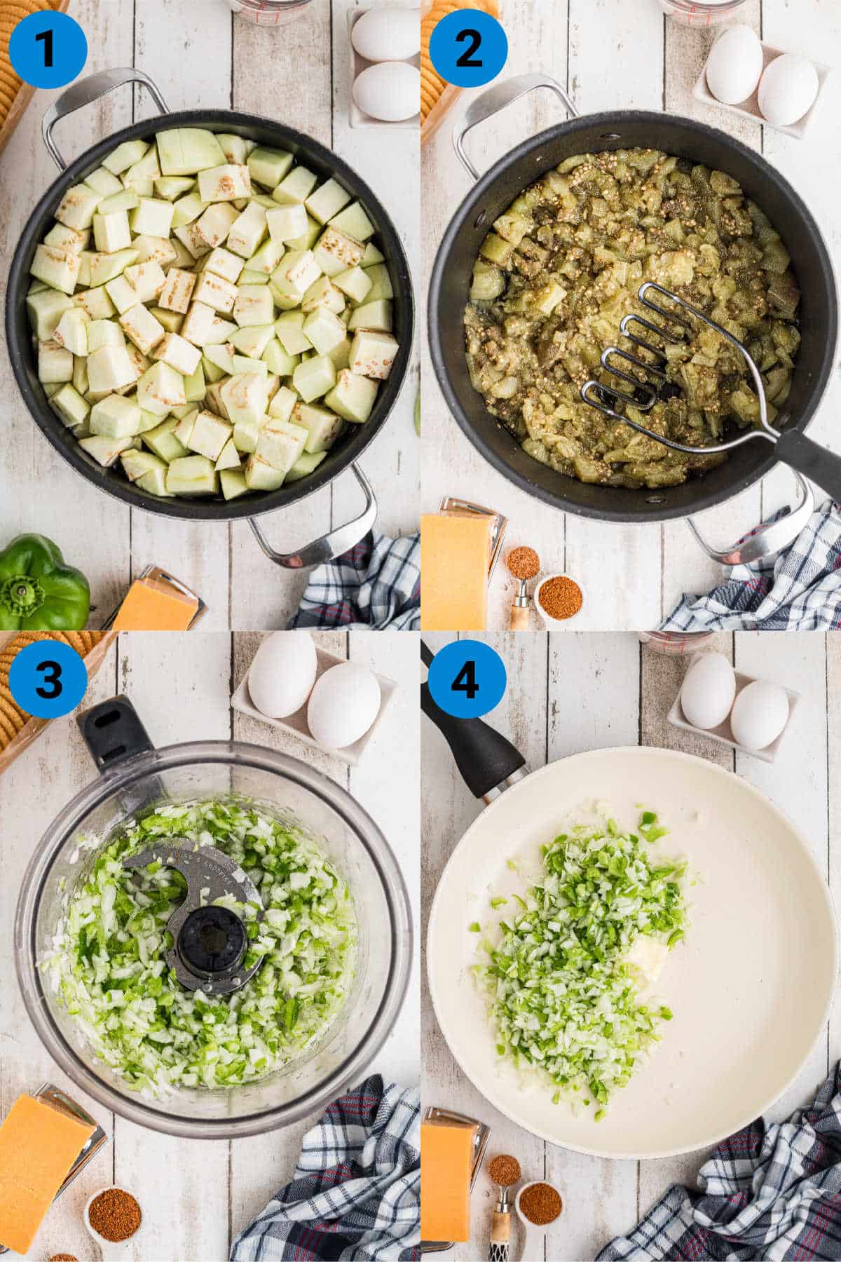 A collage of four images showing how to make an eggplant casserole recipe steps 1-4.