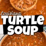A long collage image of two pictures of turtle soup, with some text overlay for pinterest.