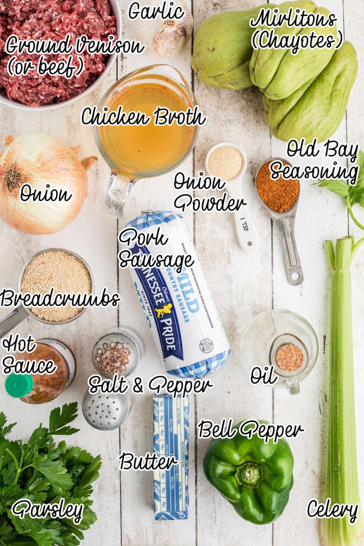 Ingredients needed to make mirliton dressing with text overlay.