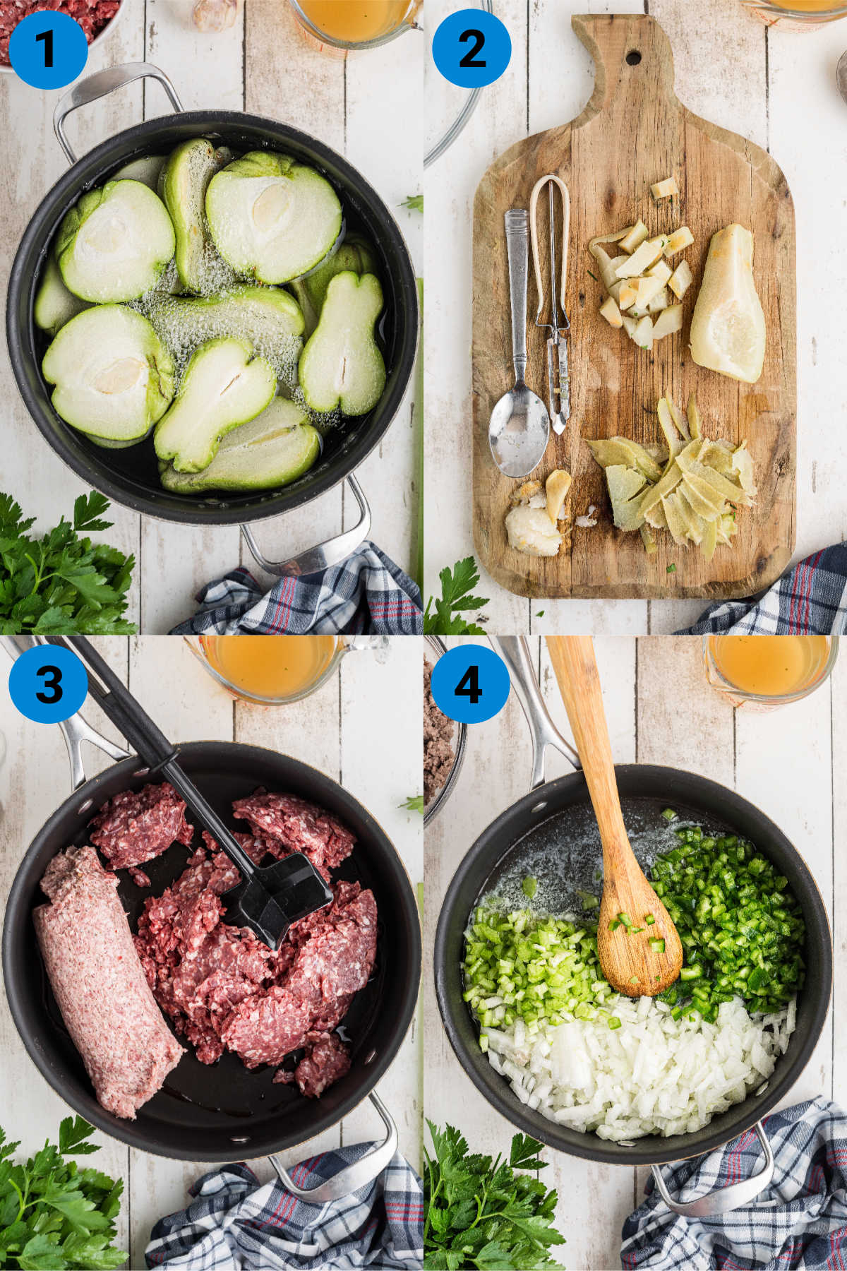 A collage of four images showing how to make mirliton dressing, steps 1-4.