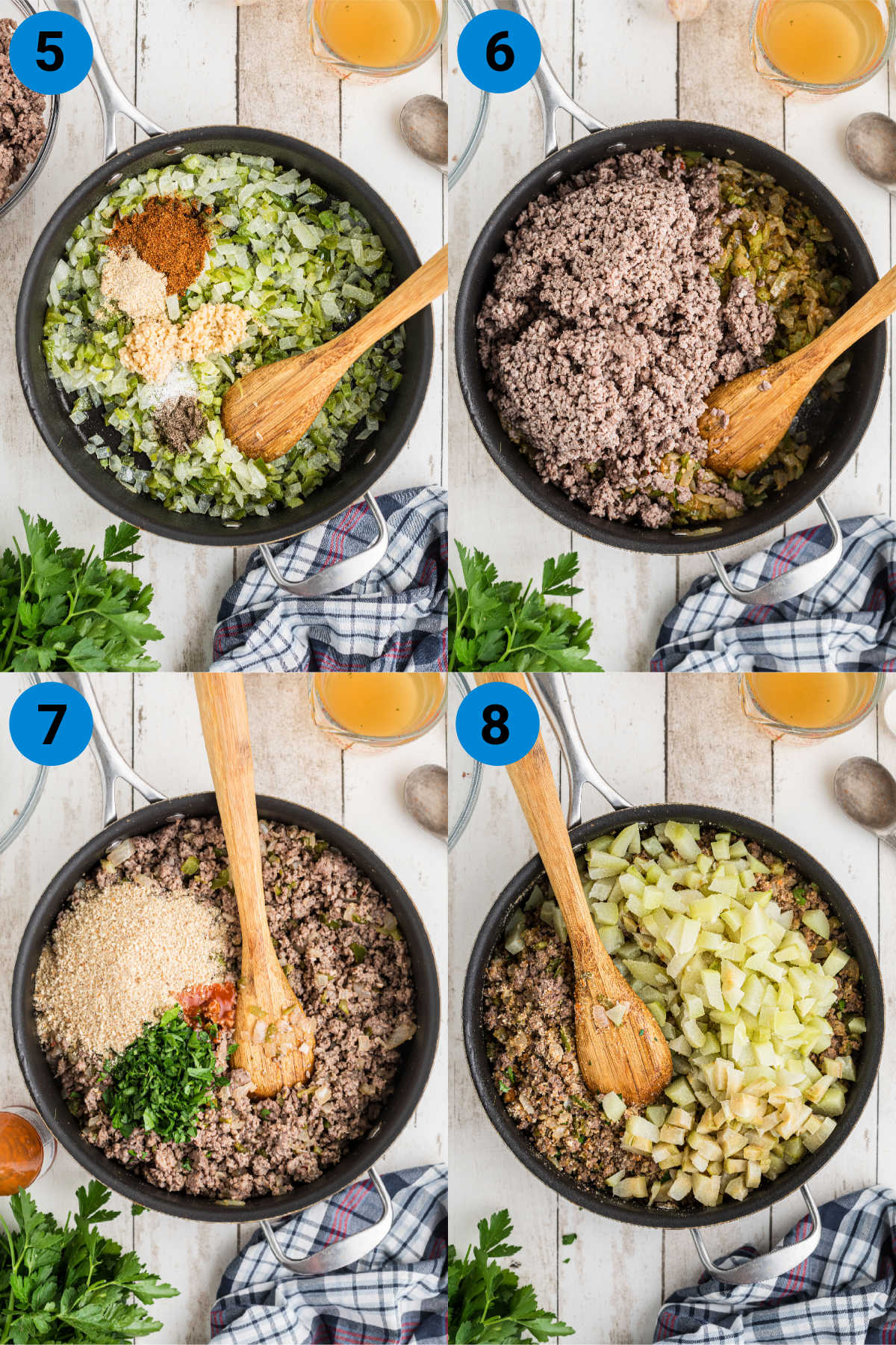 A collage of four images showing how to make mirliton dressing, recipe steps 5-8.