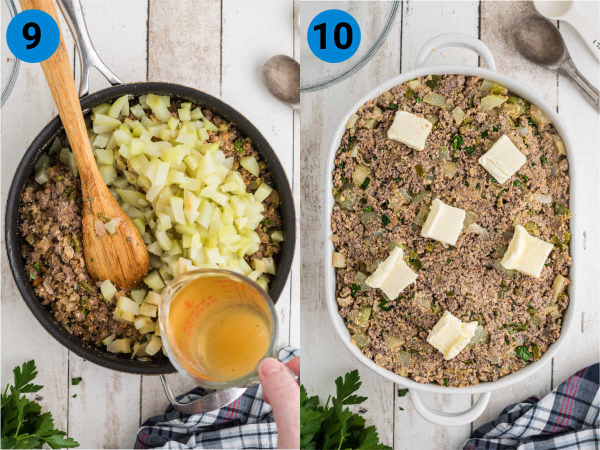 A collage of two images showing how to make mirliton dressing, recipe steps 9-10.