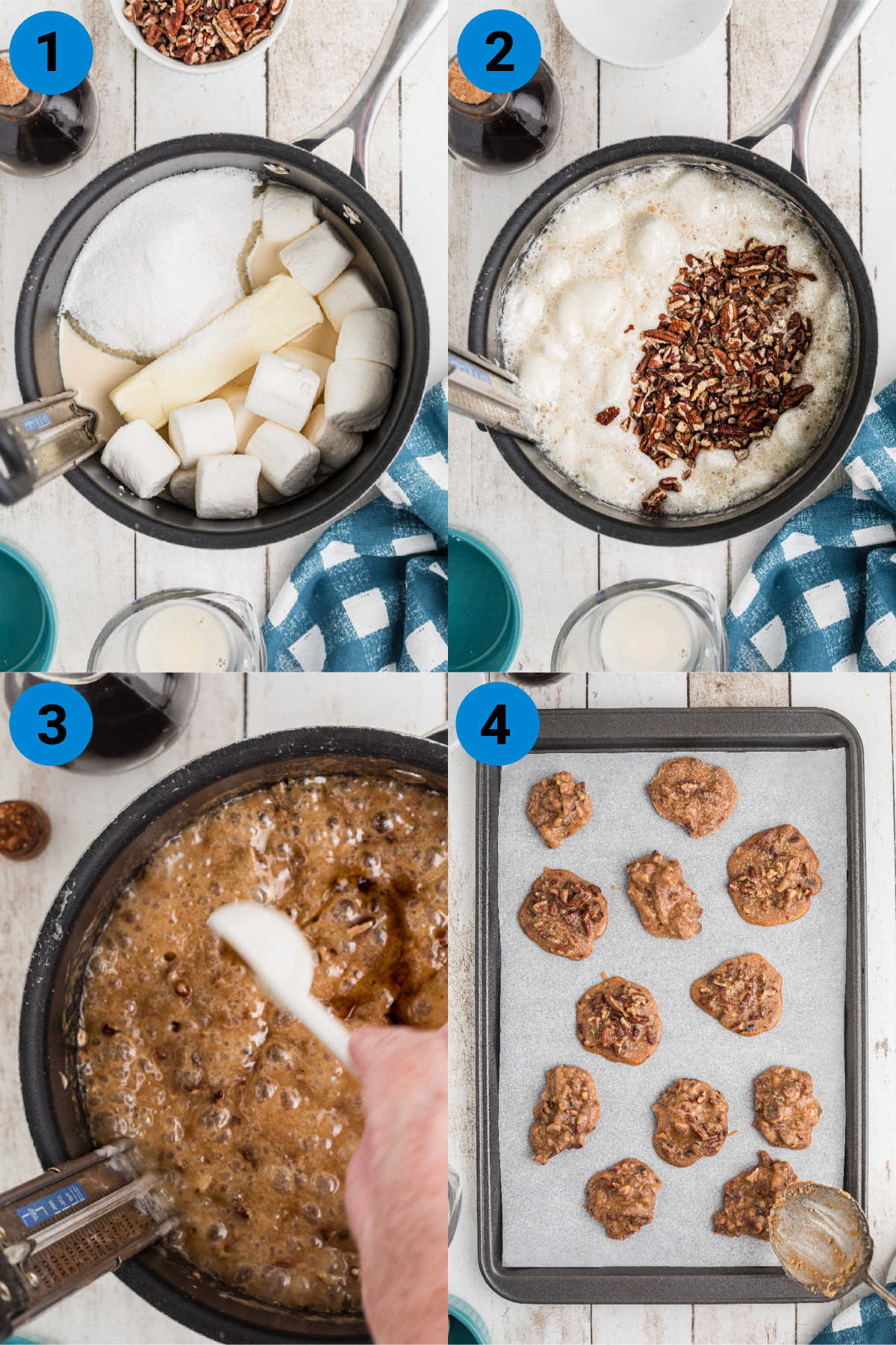 A collage of four images showing how to make a pecan praline recipe.