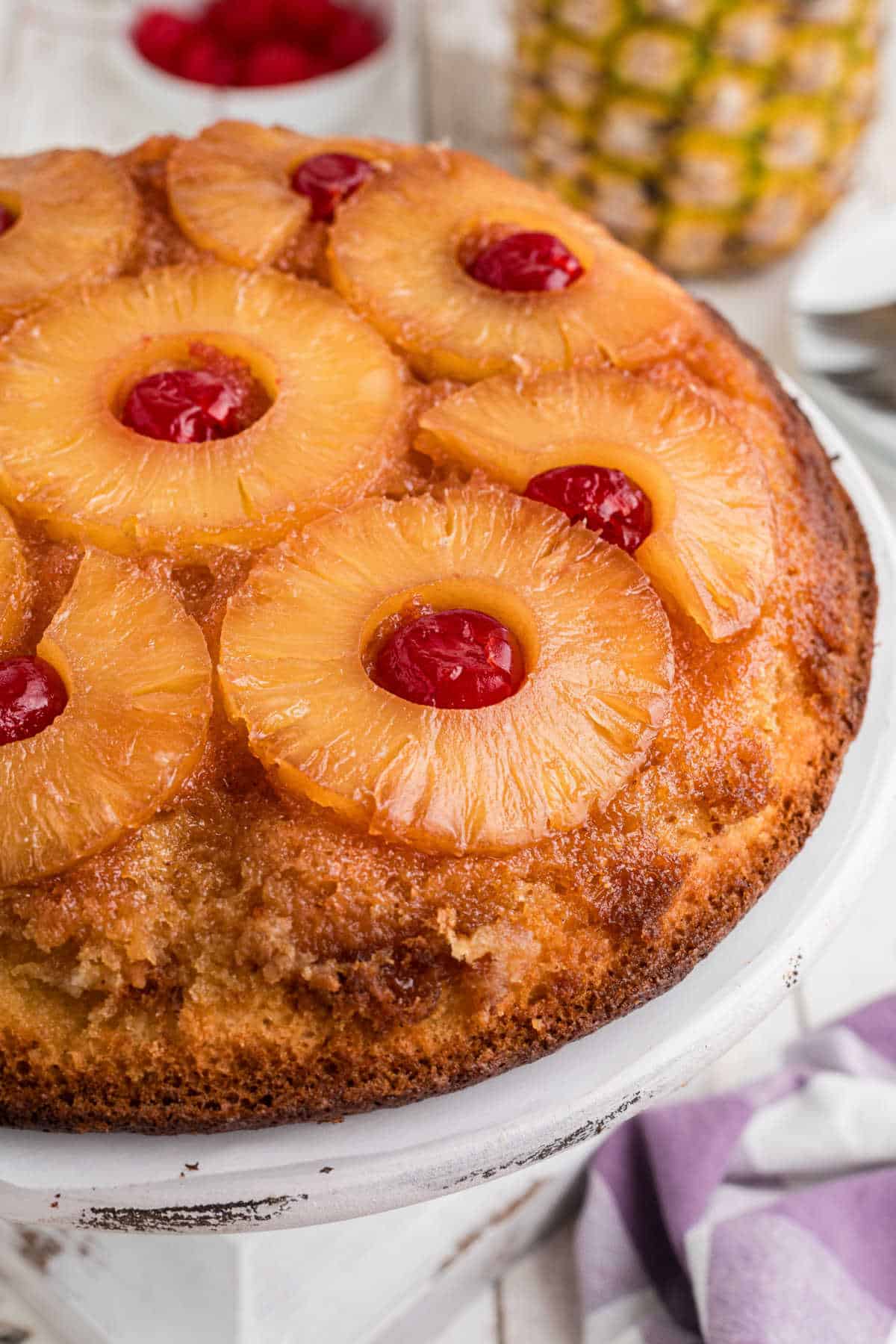 Close up of the pineapple upside down cake, from the side,