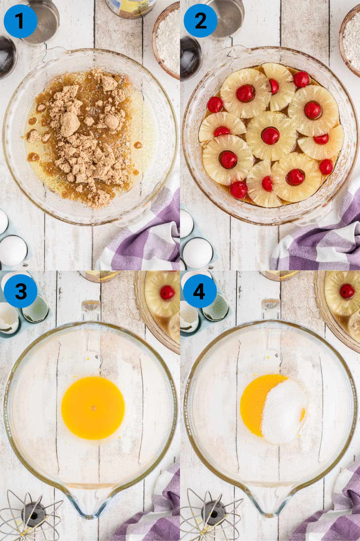 A collage of four images showing how to make a pineapple upside down cake, steps 1-4.