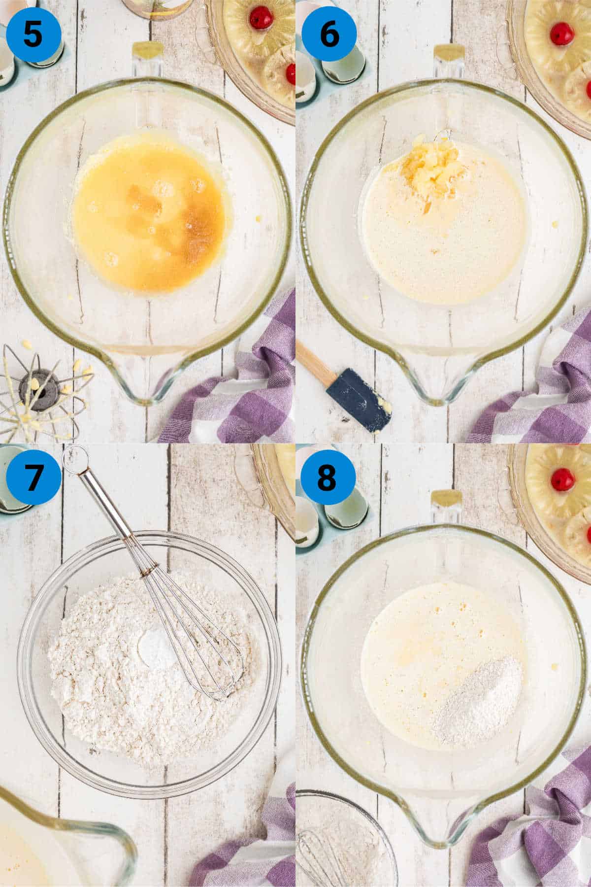 A collage of four images showing how to make a pineapple upside down cake recipe steps 5-8.