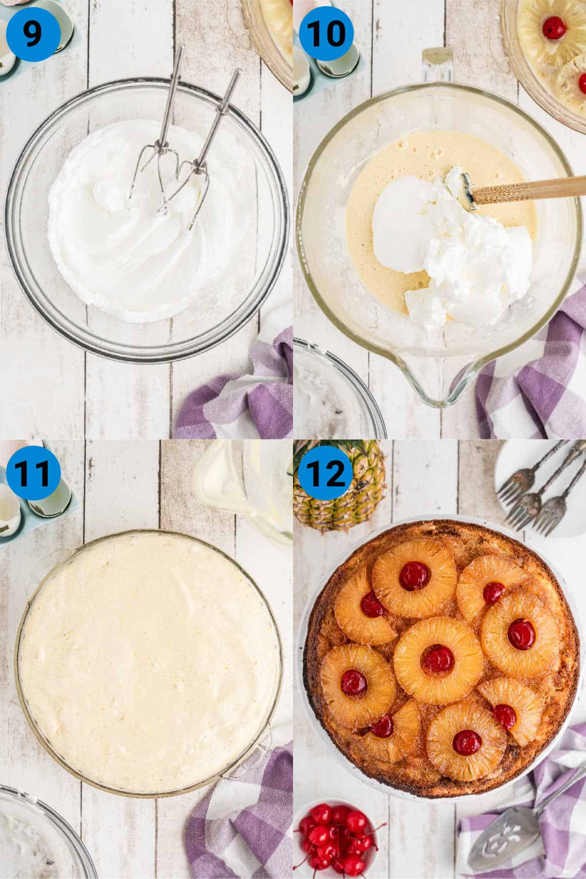 A collage of four images showing how to make a pineapple upside down cake recipe steps 9-12.