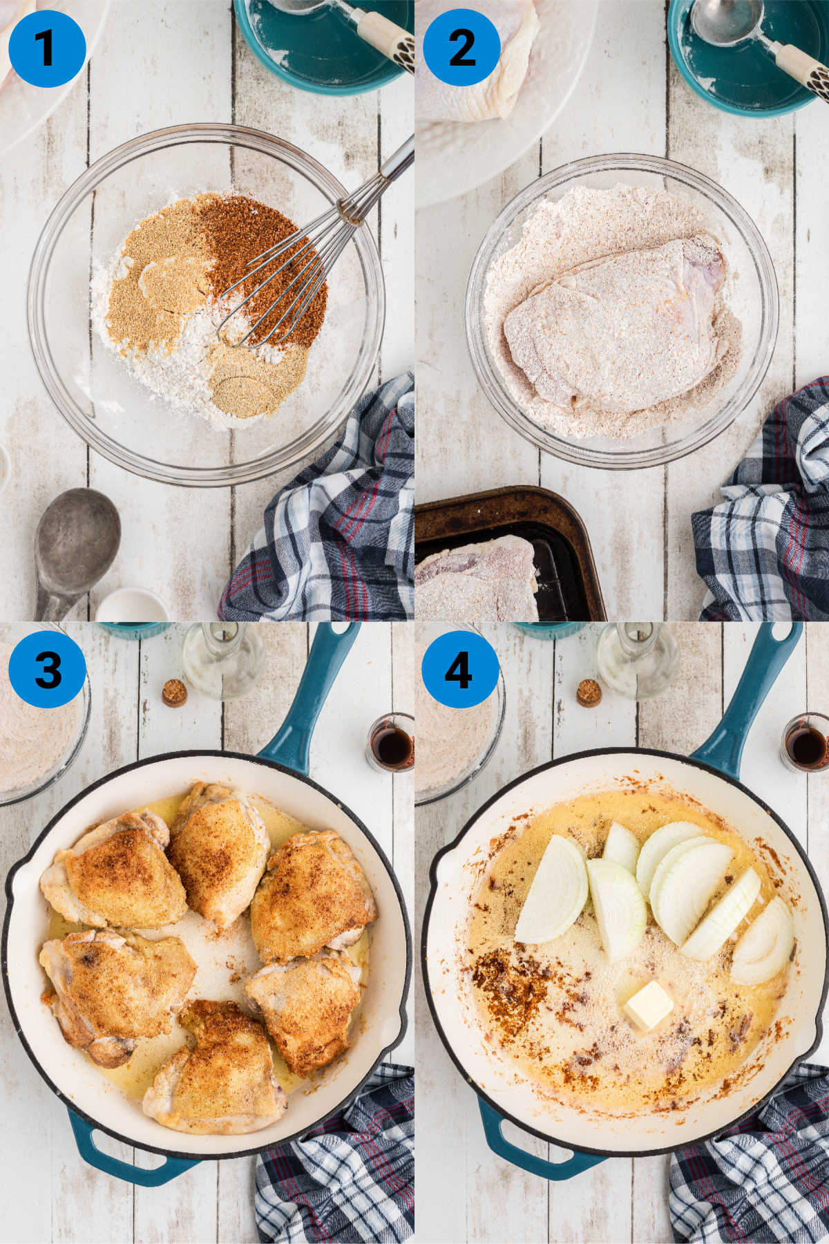 A collage of four images showing how to make smothered chicken.