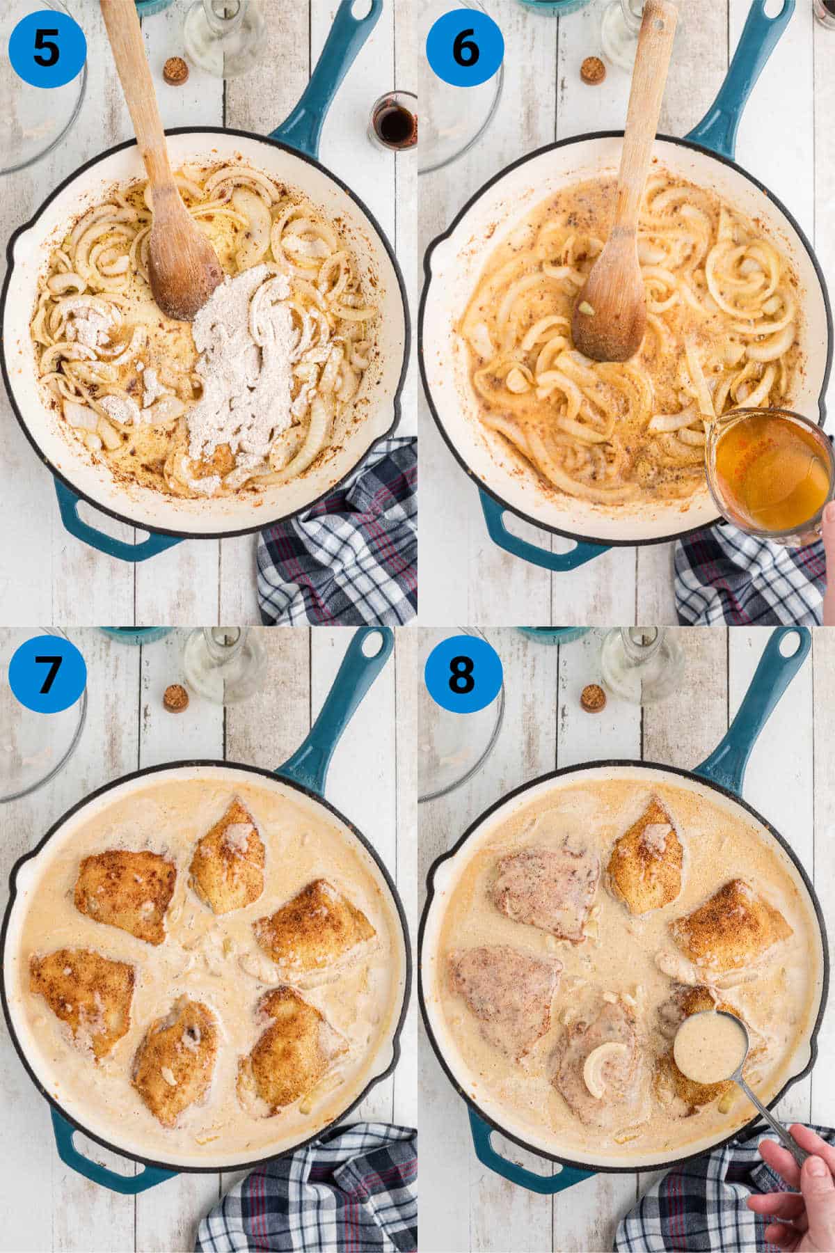 A collage of four images showing how to make smothered chicken, recipe steps 5-8.