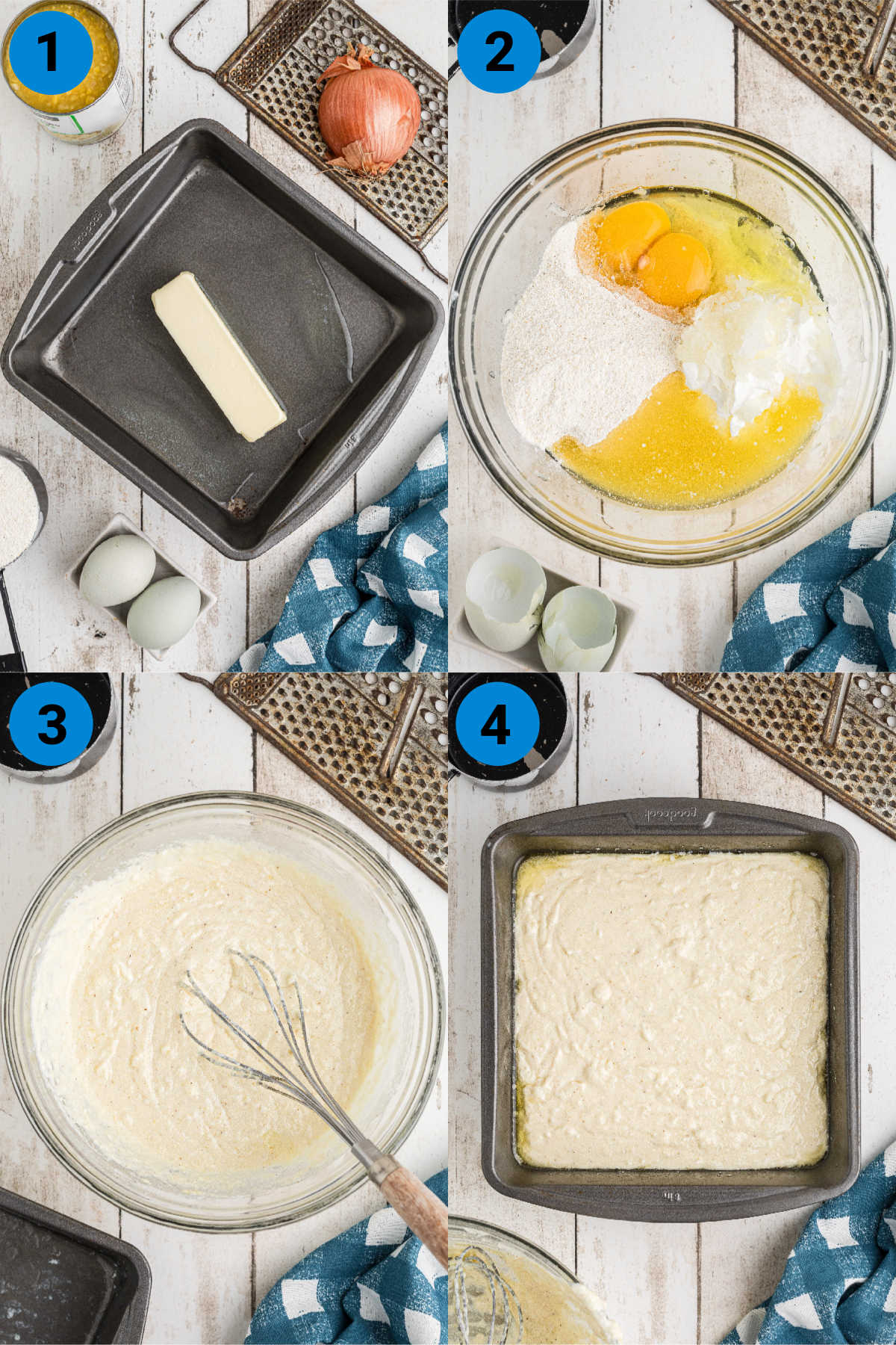 Collage of four images, showing how to make a sour cream cornbread recipe.