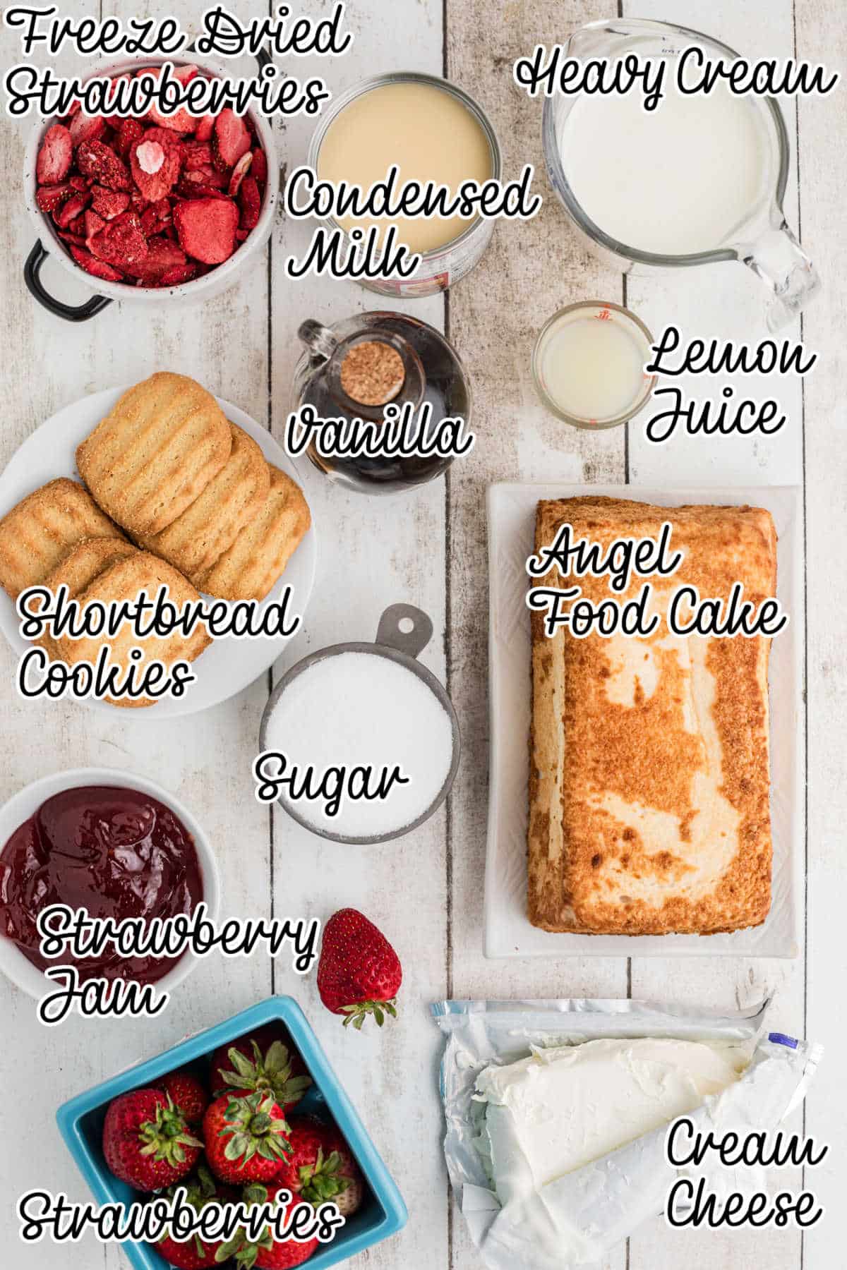 Overhead shot of ingredients needed to make strawberry shortcake ice cream, with text overlay.