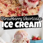 A long collage of two images showing strawberry shortcake ice cream, one in a loaf pan and one in a waffle cone.