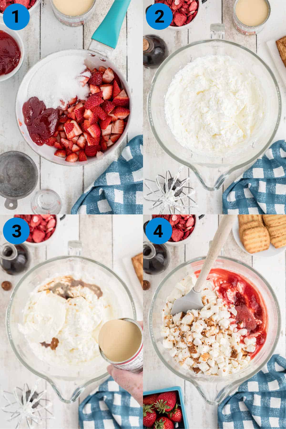 A collage of four images showing how to make strawberry shortcake ice cream.