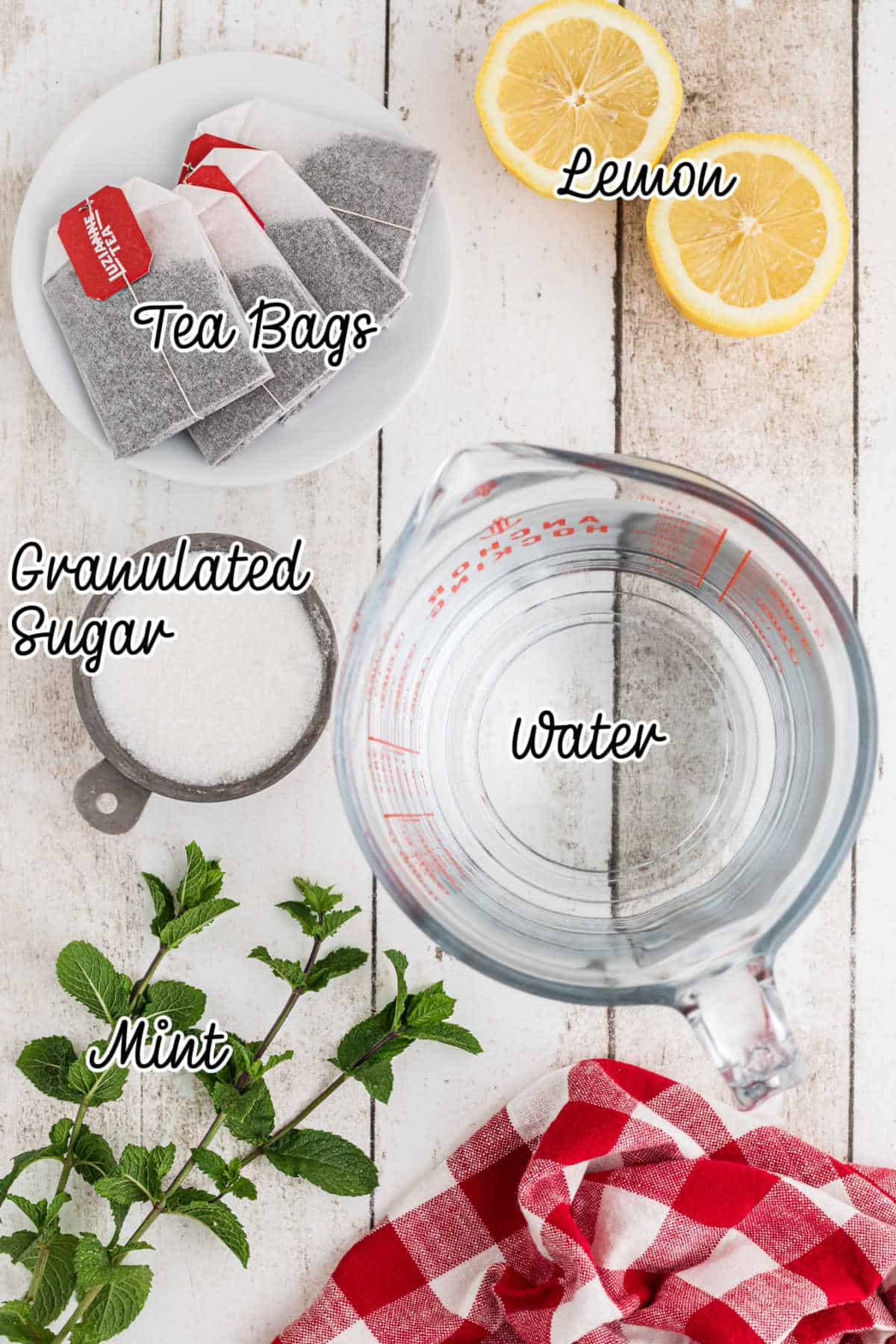 Overhead shot of ingredients laid out showing what you'll need to make southern sweet tea.