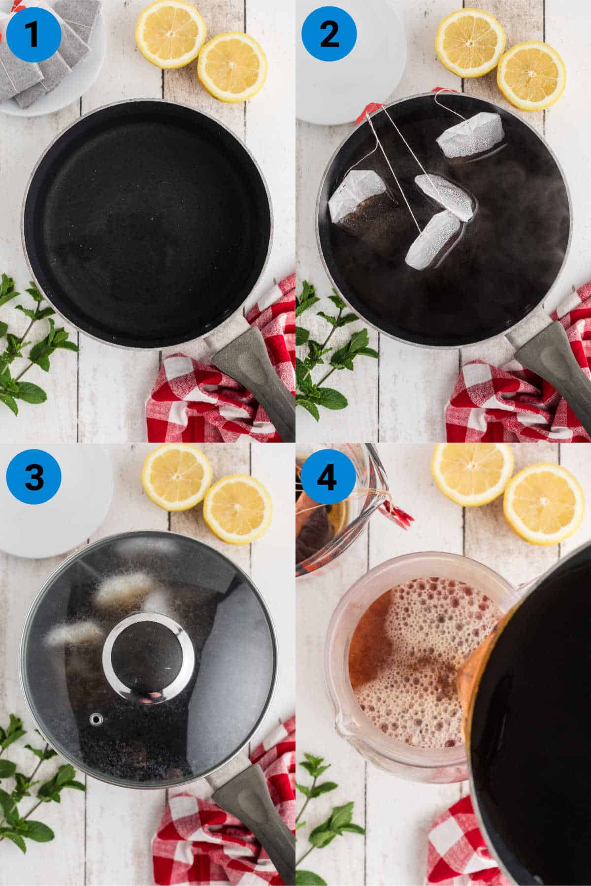 A collage of four images showing how to make sweet tea.