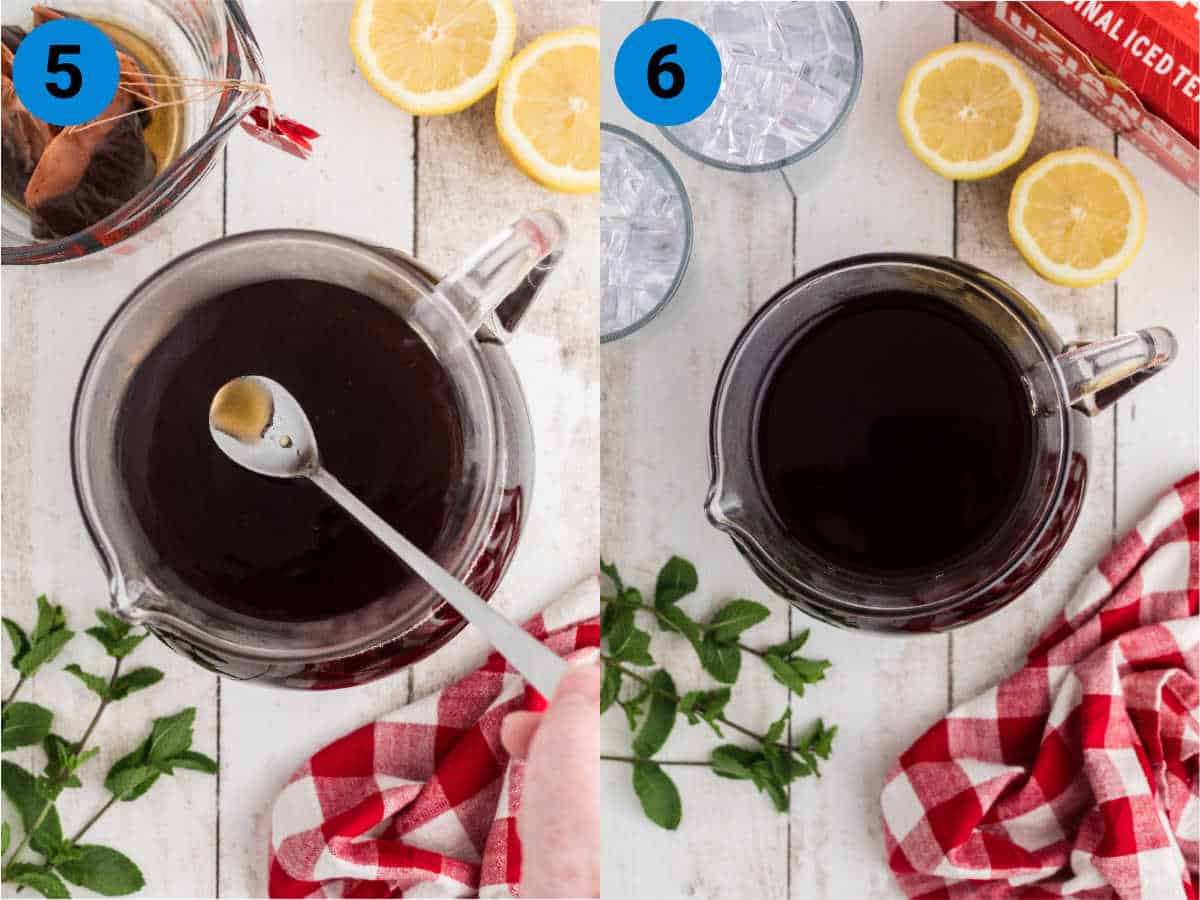 A collage of two images showing how to make sweet tea.