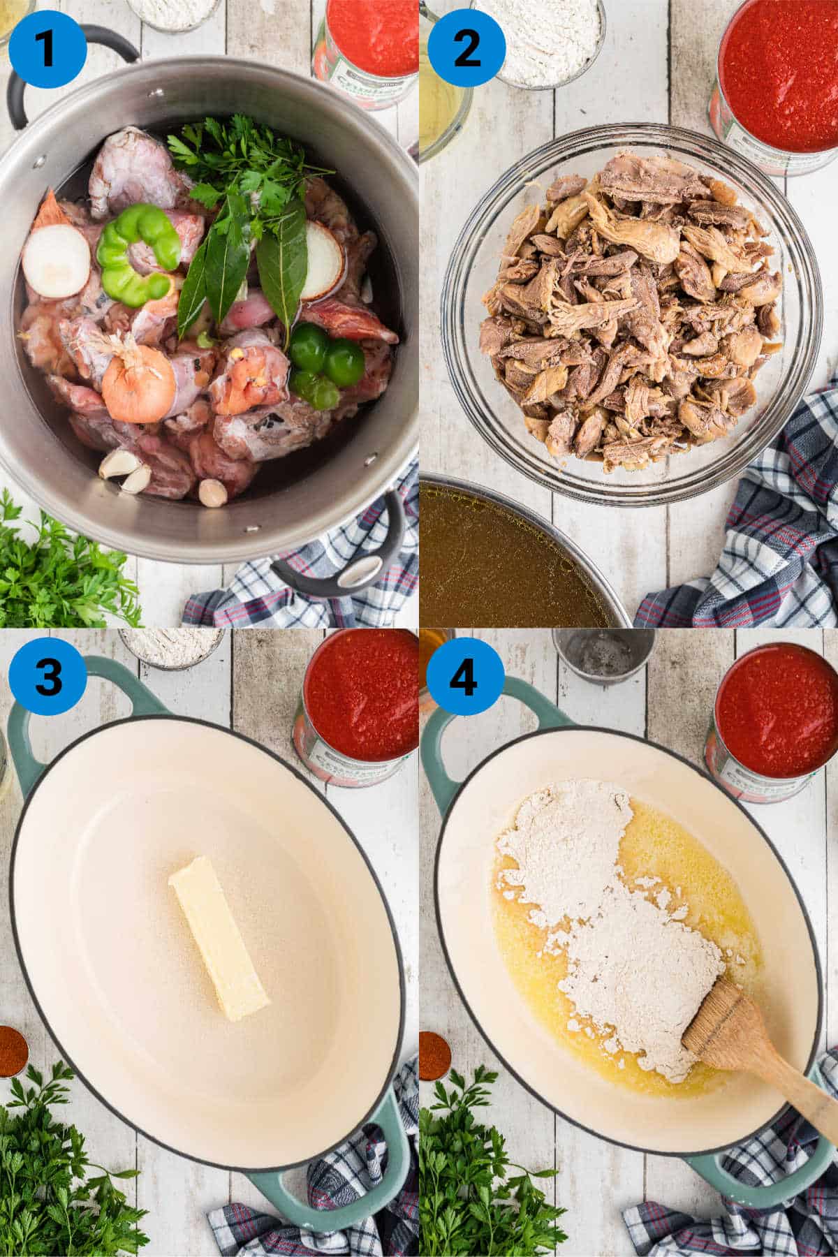 A collage of four images showing how to make a Louisiana Turtle Soup.