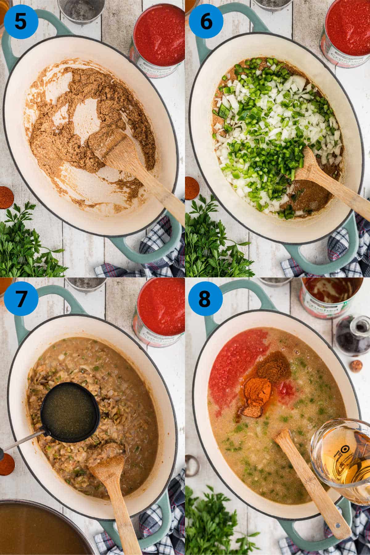 A collage of four images showing how to make turtle soup, recipe steps 5 through 8.