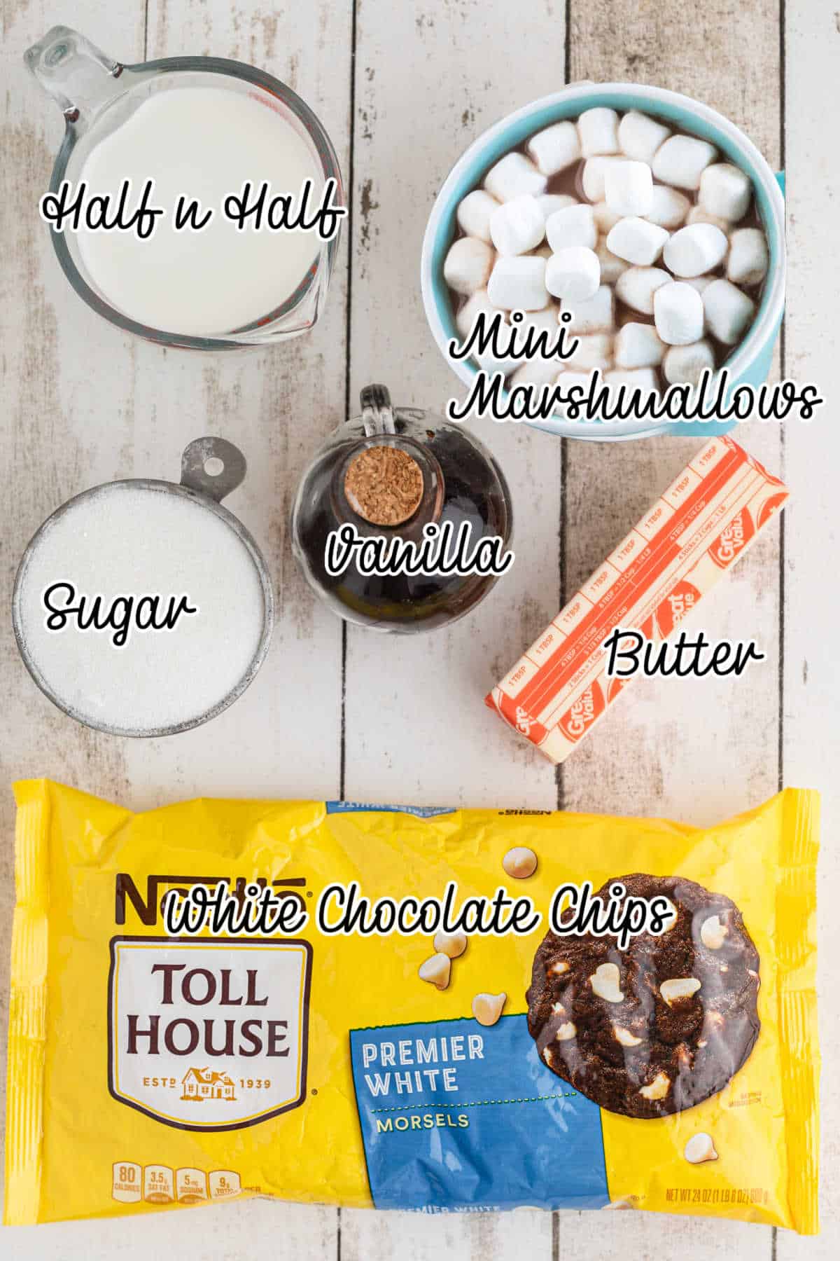 Ingredients needed to make vanilla fudge, with text overlay.