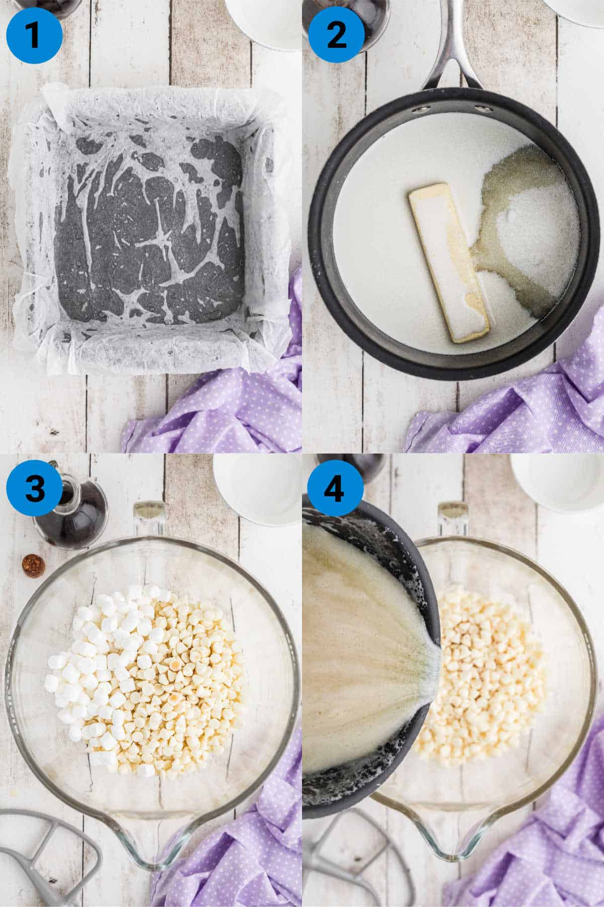 A collage of four images showing how to make vanilla fudge.