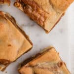 Overhead close up shot of some caramel swirl blondies, with text overlay for pinterest.