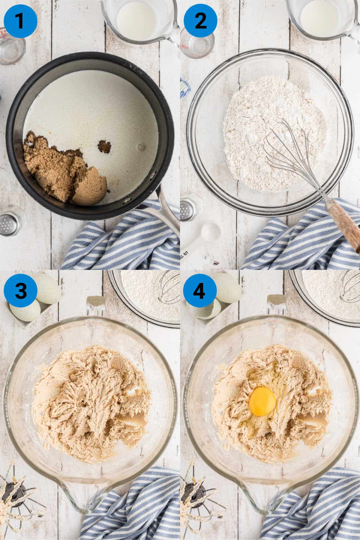 A collage of four images showing how to make caramel swirl blondies, recipe steps 1-4.