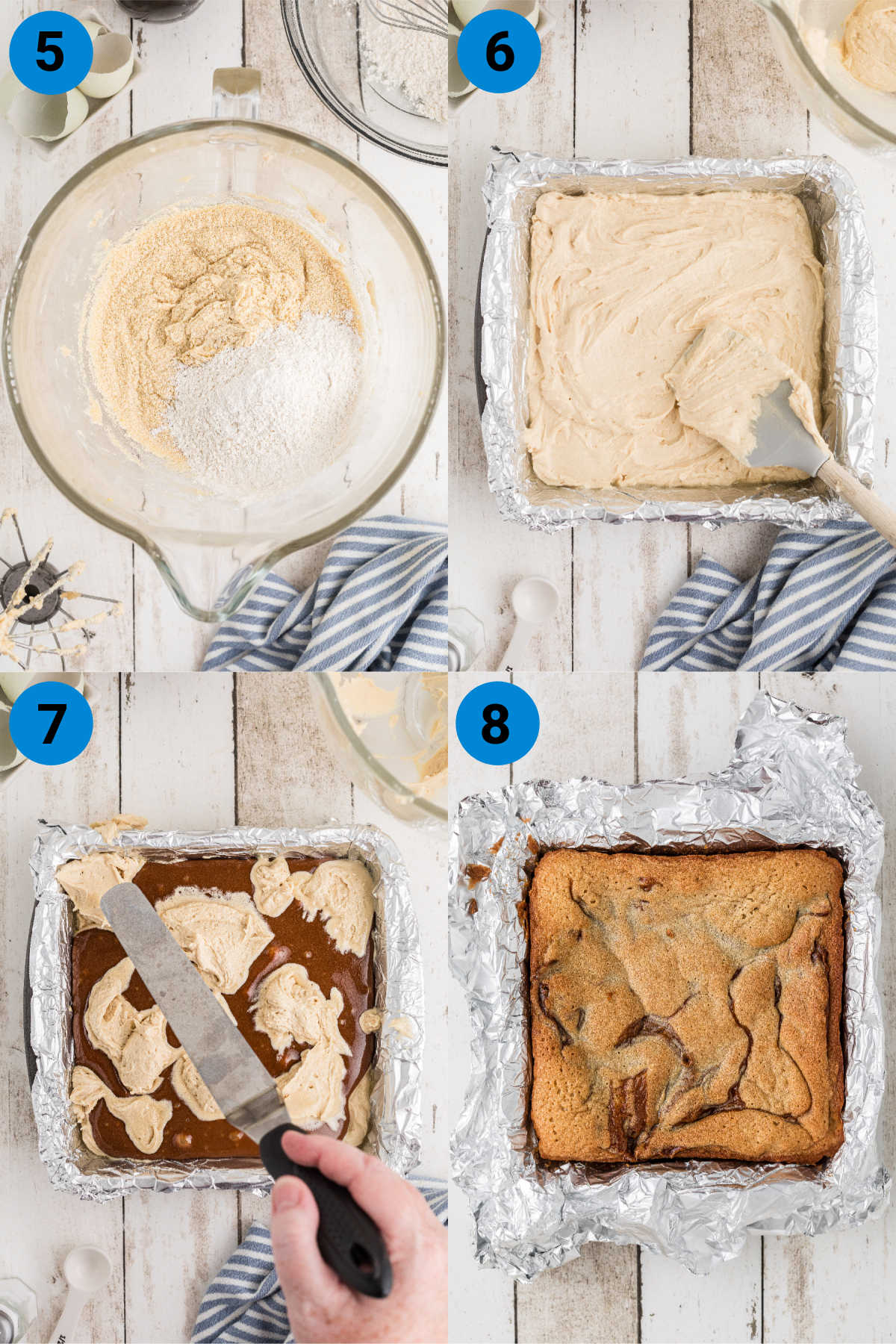 A collage of four images showing how to make caramel swirl blondies, recipe steps 5-8.