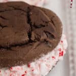 A close up side image of a Christmas Whoopie Pie, with text overlay for pinterest.