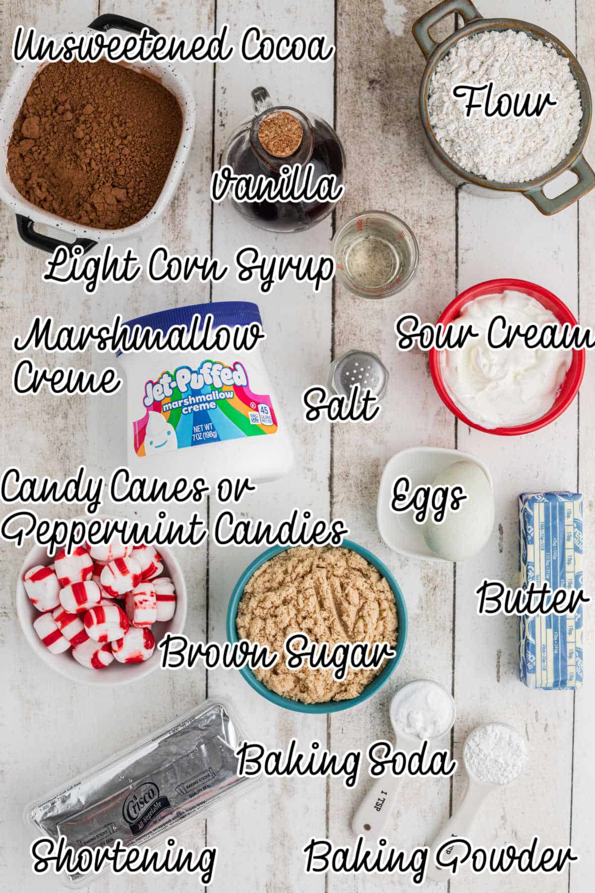 Ingredients needed to make Christmas Whoopie Pies, shot from above, with text overlay.