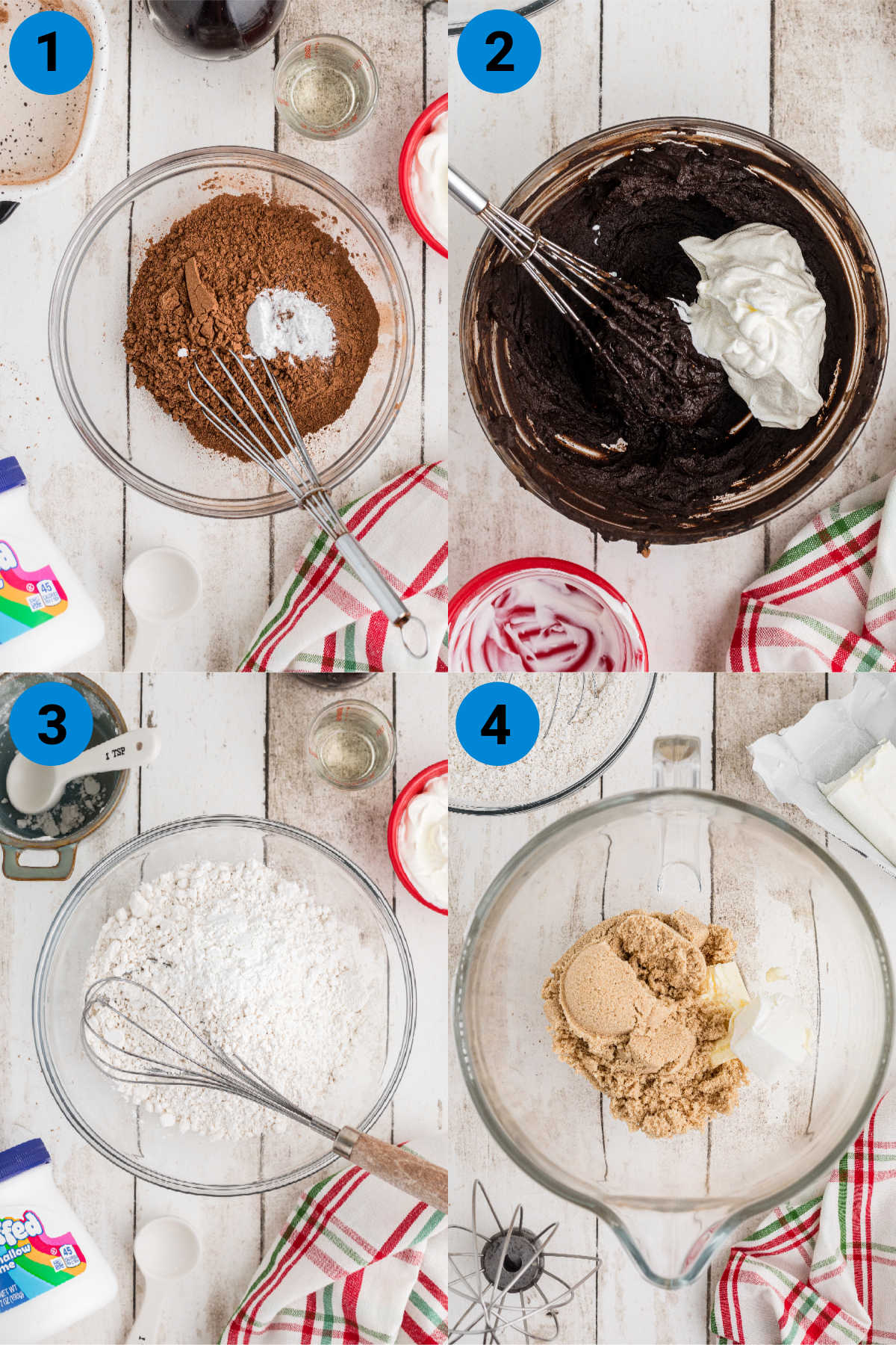 A collage of four images showing how to make Christmas Whoopie Pies, recipe steps 1-4.