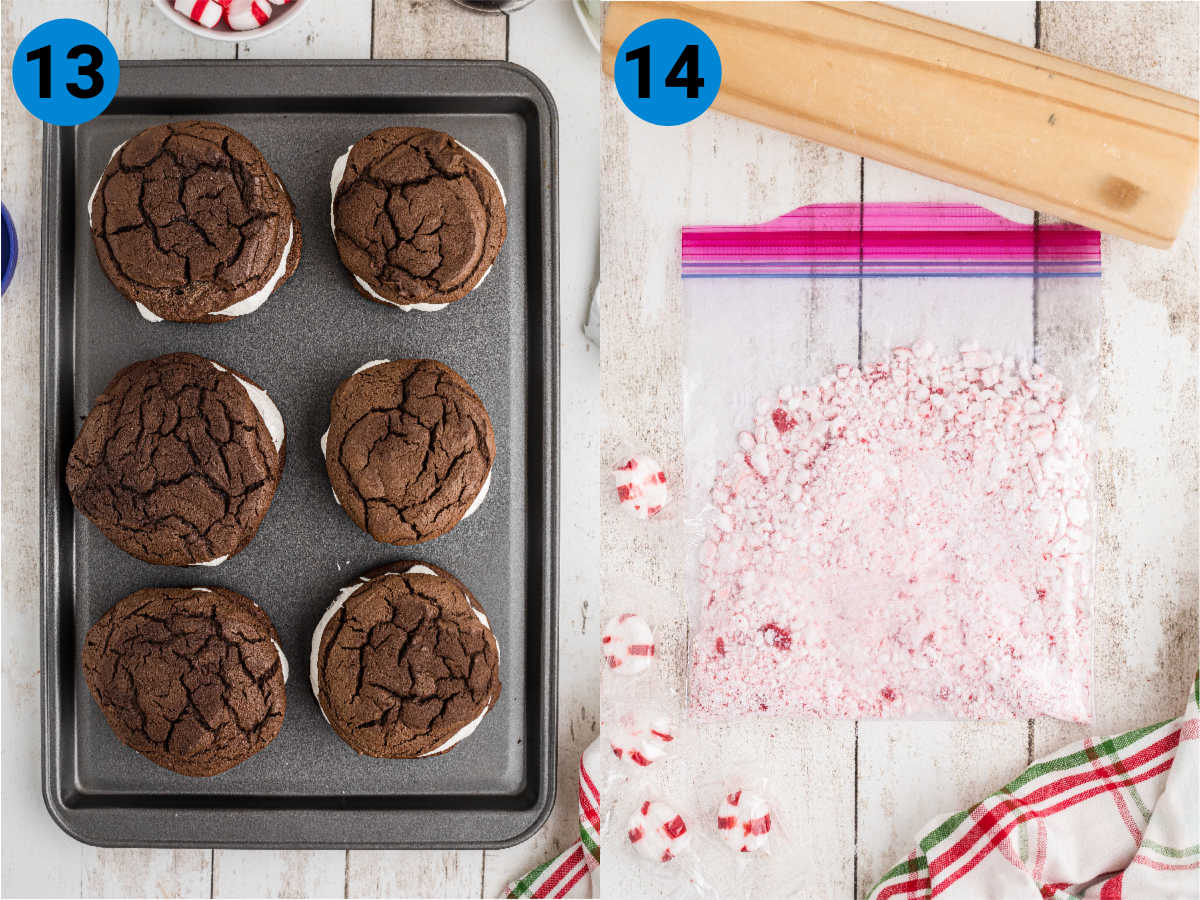 A collage of two images showing how to make Christmas whoopie pies, recipe steps 13-14.