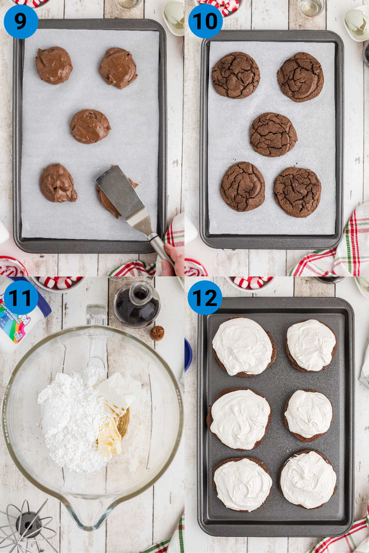 A collage of four images showing how to make Christmas Whoopie Pies recipe steps 9-12.