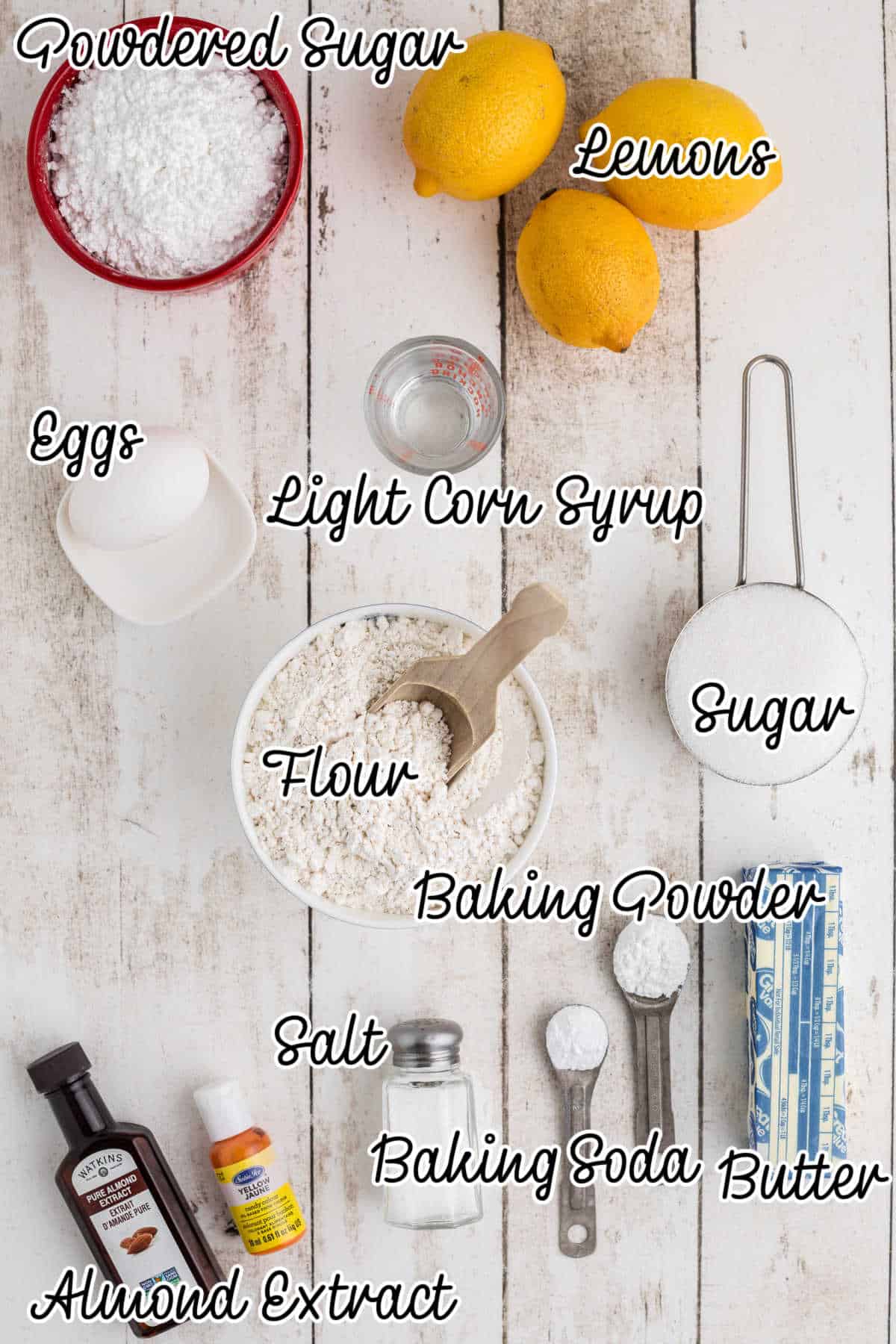 Ingredients needed to make lemon jumbles laid out with text overlay.