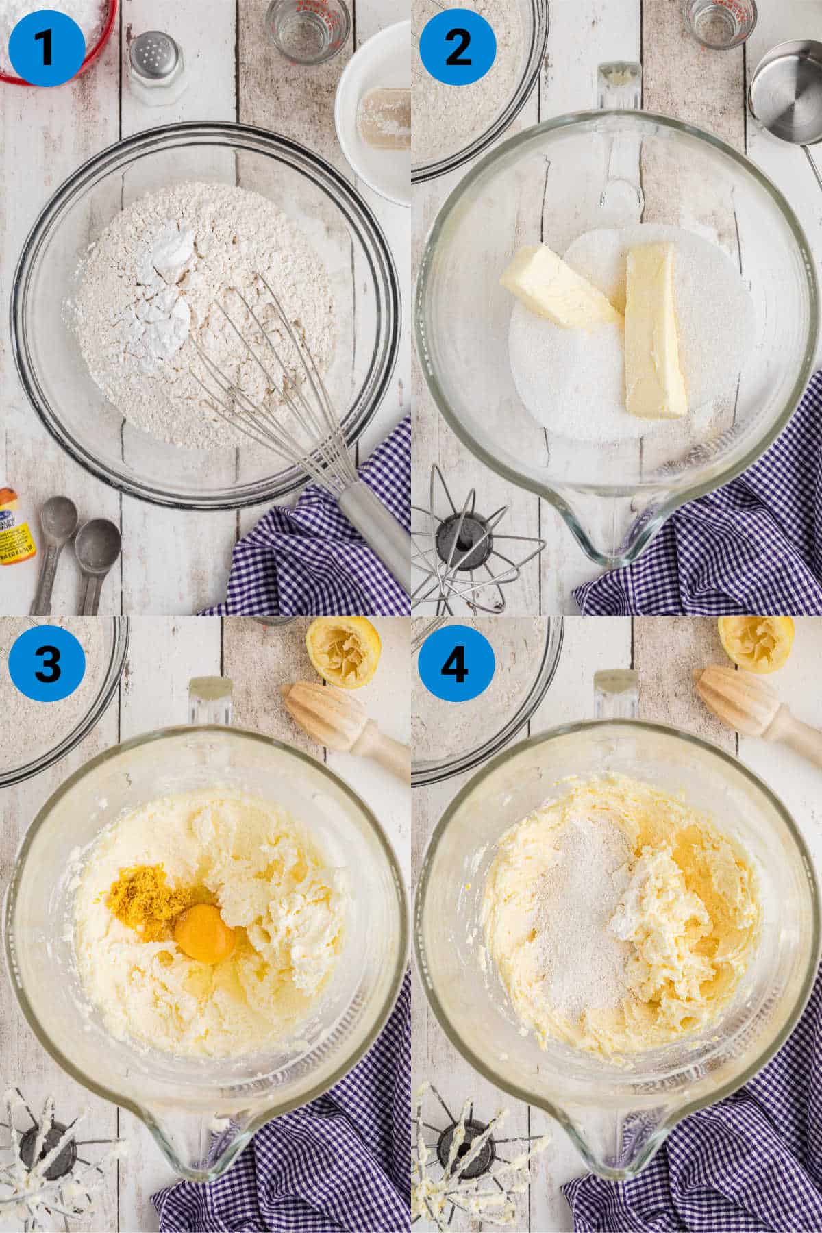 A collage of four images showing how to make lemon jumbles cookies, recipe steps 1-4.