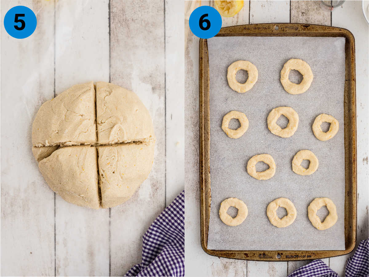 A collage of two images showing how to make lemon jumbles cookies, recipe steps 5-6.