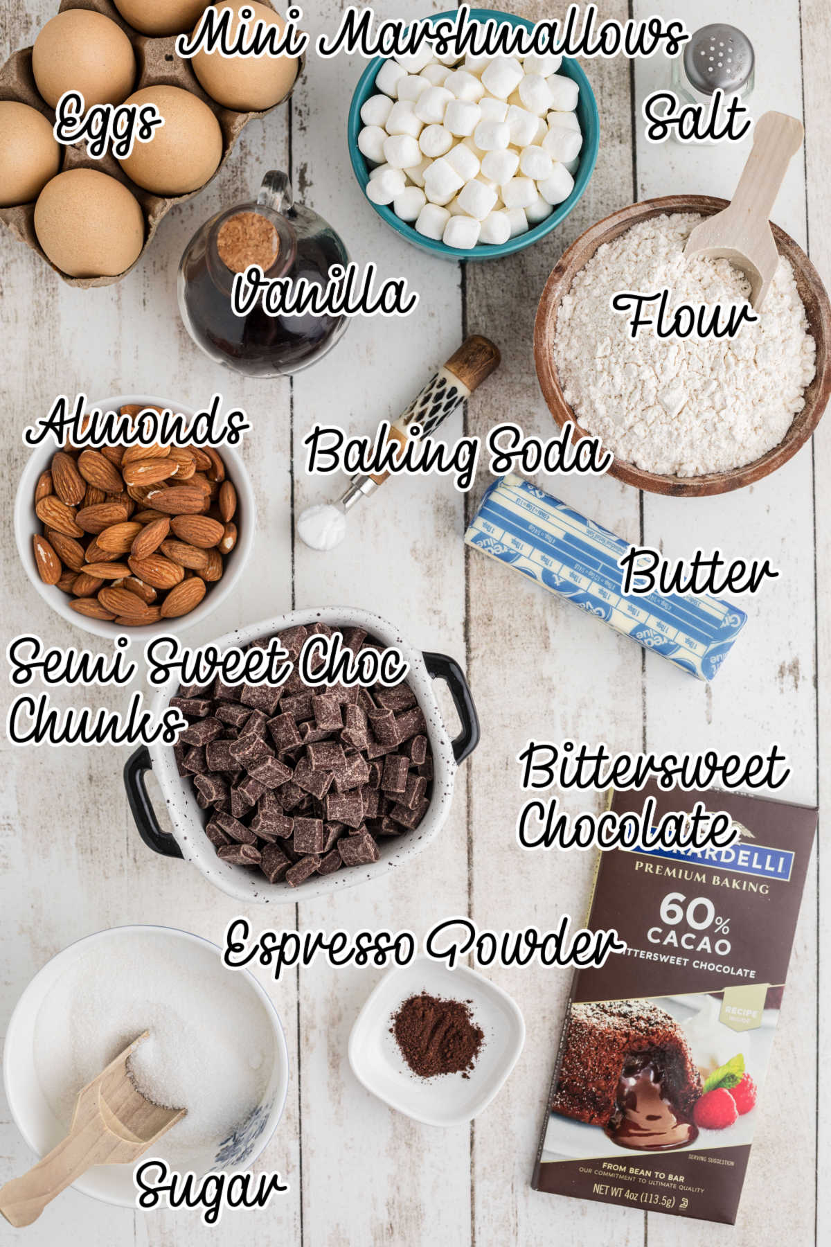 Overhead shot of the ingredients needed to make rocky road brownies, with text overlay.