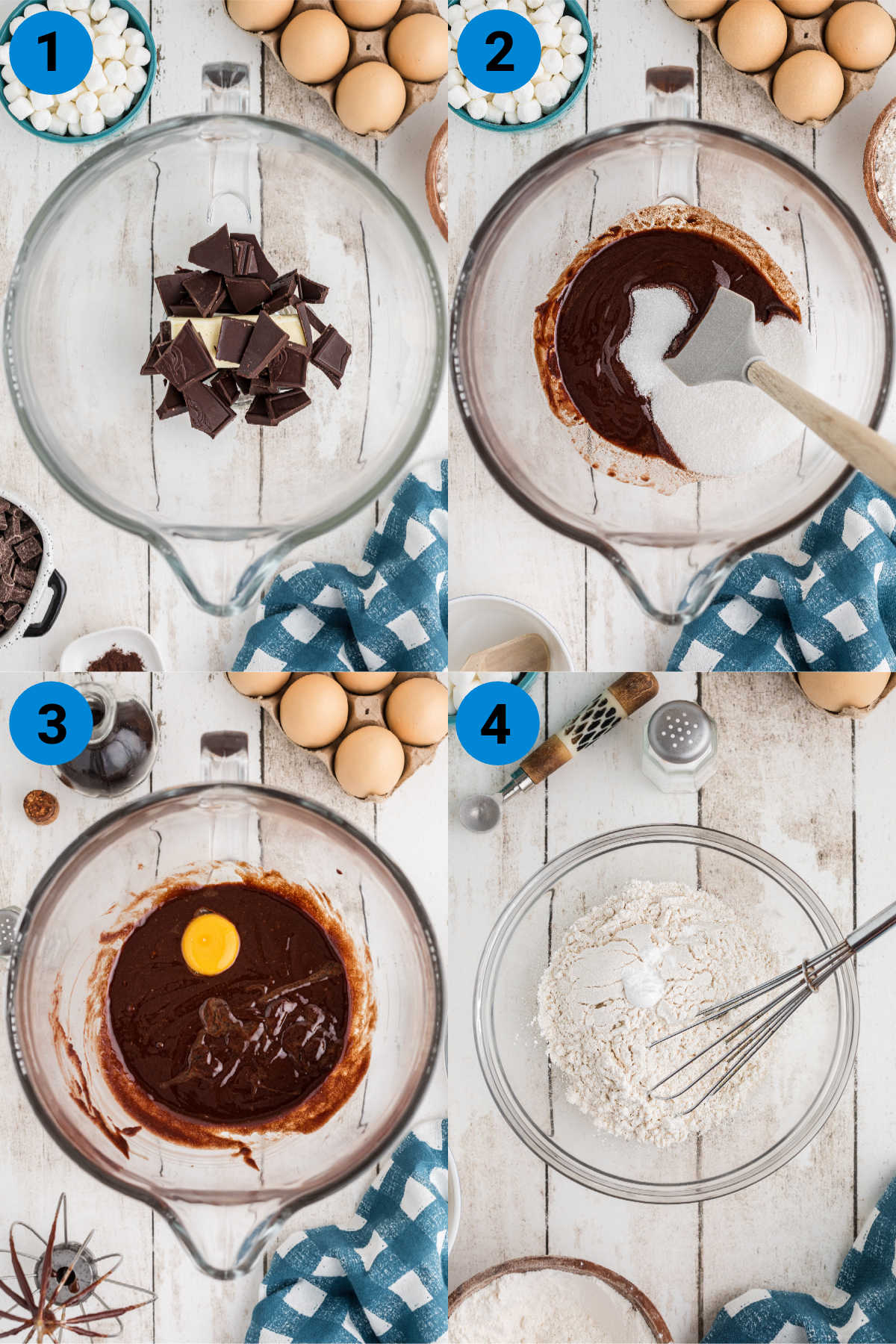 A collage of four images showing how to make rocky road brownies.