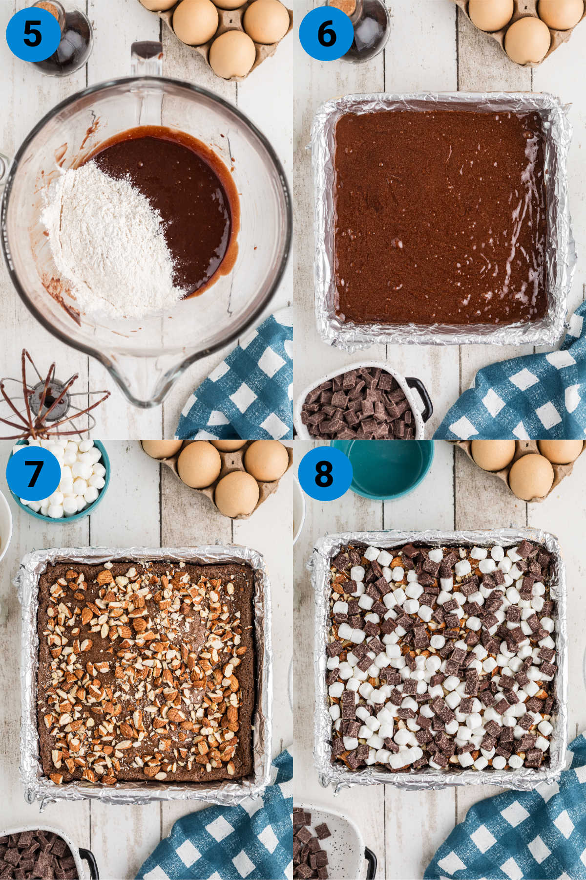 A collage of four images showing how to make rocky road brownies, steps 5 through 8.