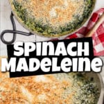 Two images in a collage of spinach madeleine, with text overlay for pinterest.