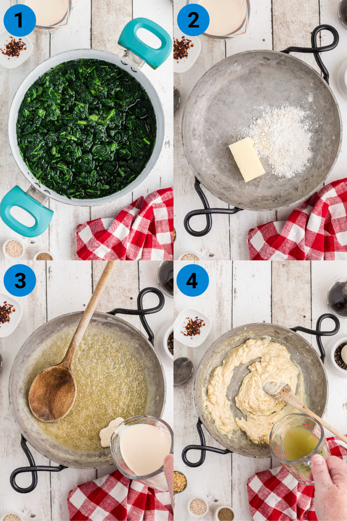 A collage of four images showing how to make a spinach madeleine recipe, steps 1-4.