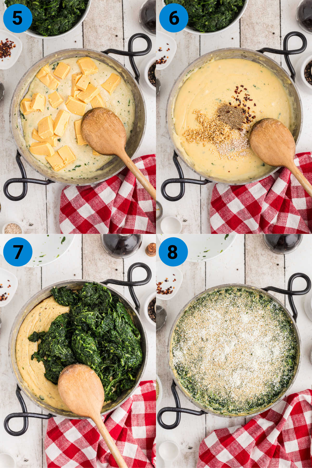 A collage of four images showing how to make a spinach madeleine recipe, steps 5-8.