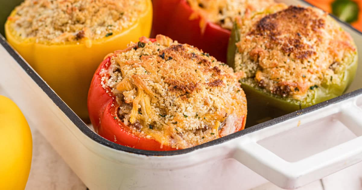 Close up of stuffed bell peppers.