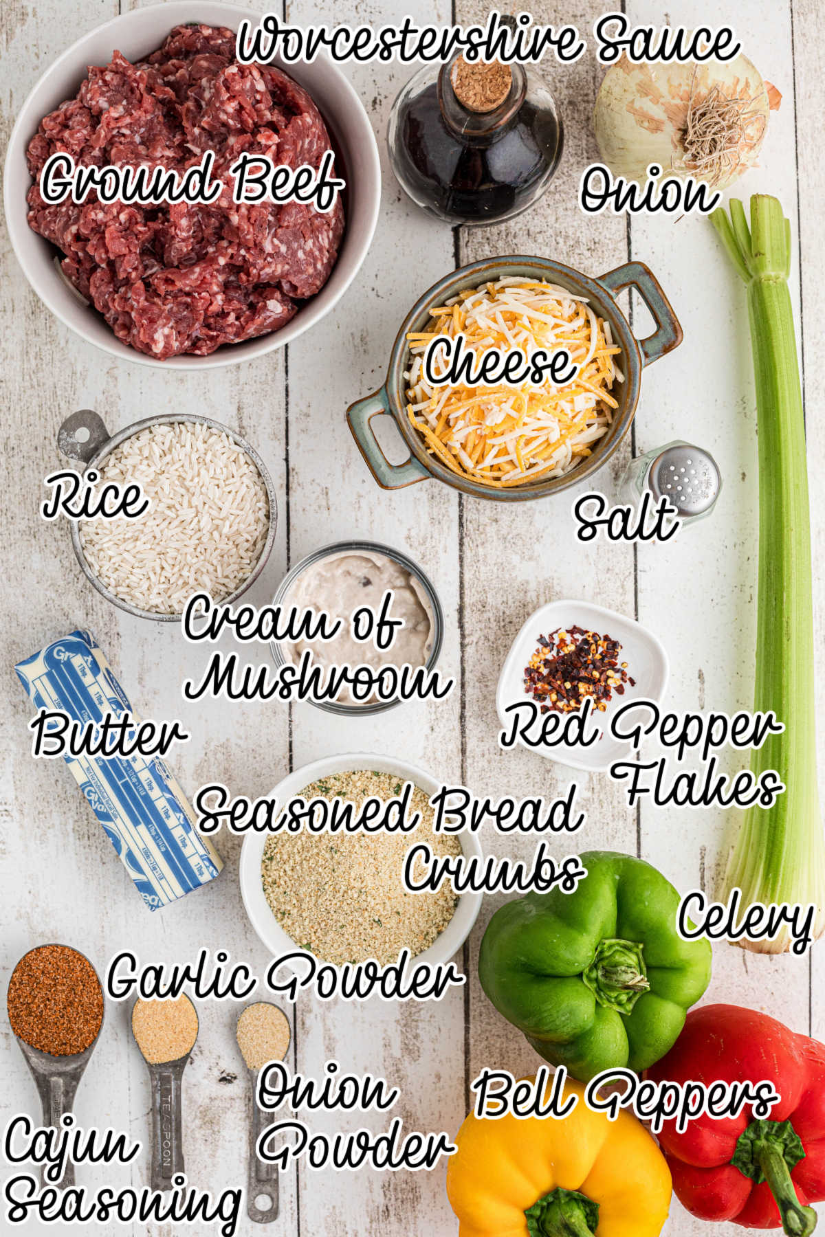 Ingredients needed to make stuffed bell peppers, with text overlay.