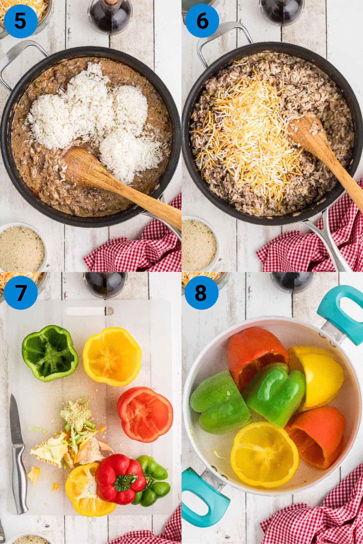 A collage of four images showing how to make stuffed bell peppers, recipe steps 5-8.