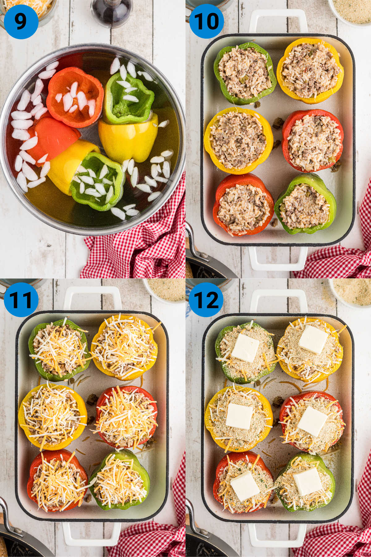 A collage of four images showing how to make stuffed bell peppers, recipe steps 9-12.