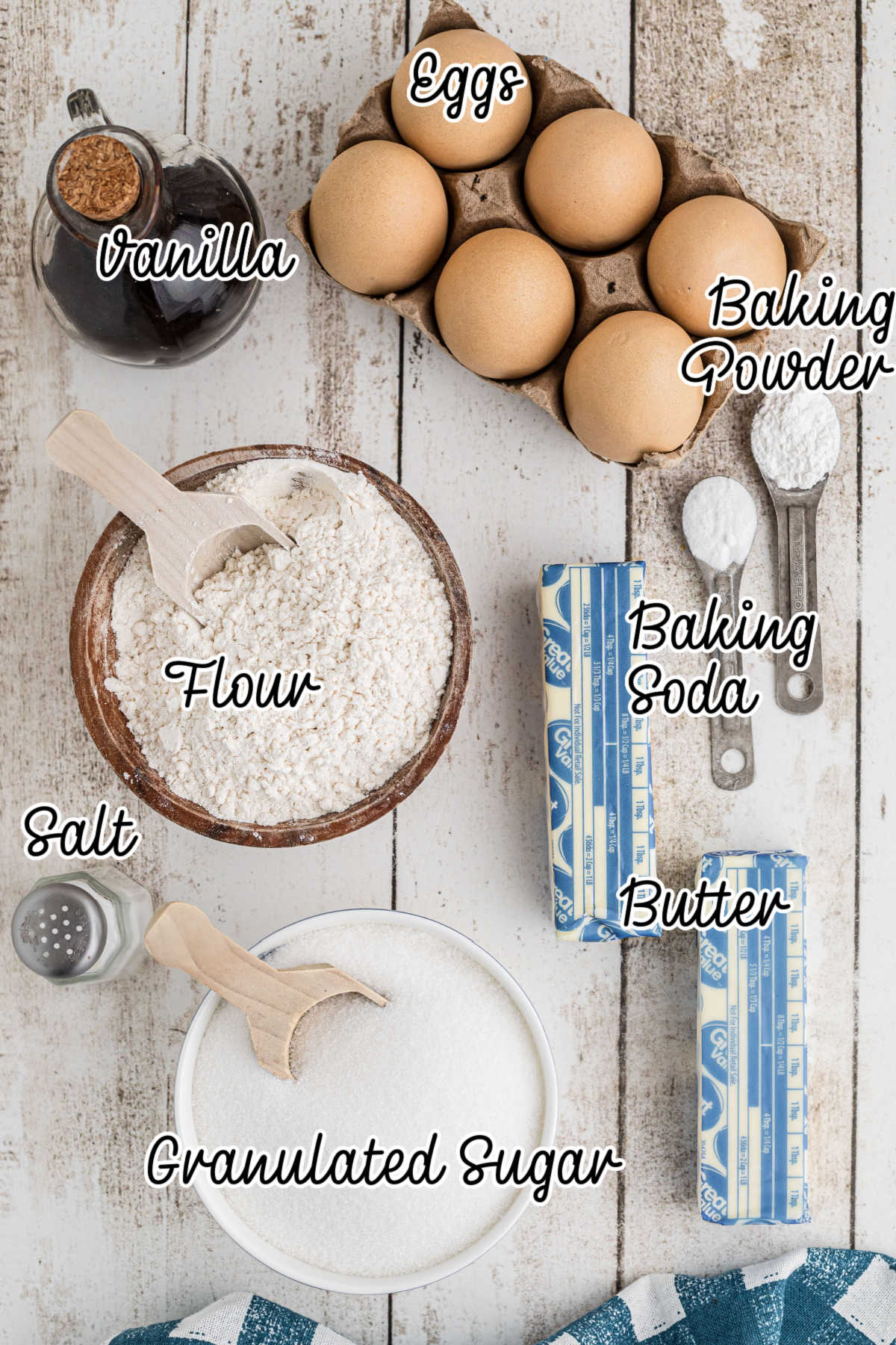 Overhead image of ingredients needed to make old fashioned tea cakes.