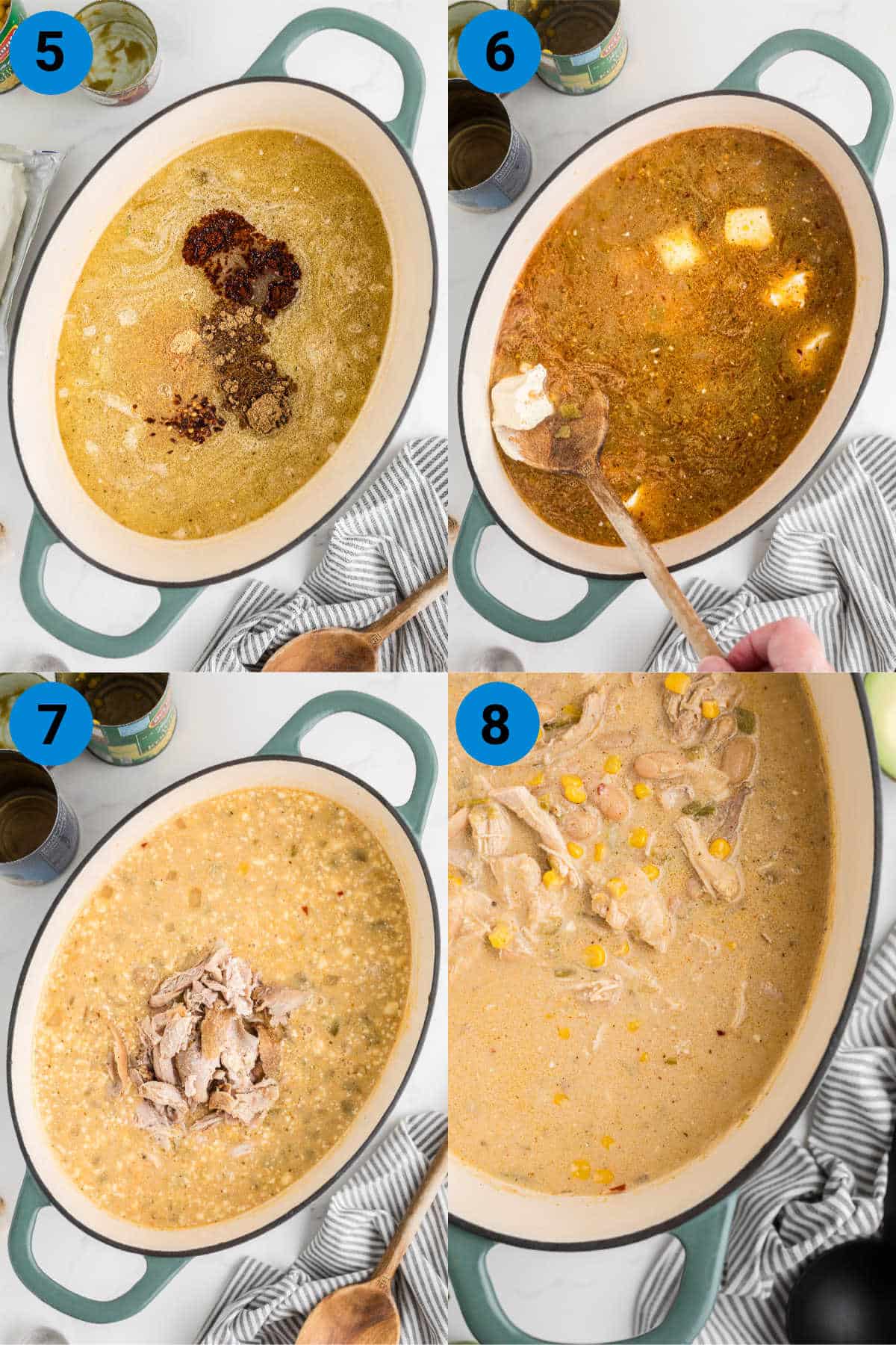 A collage of four images showing how to make a white chicken chili recipe steps 5-8.