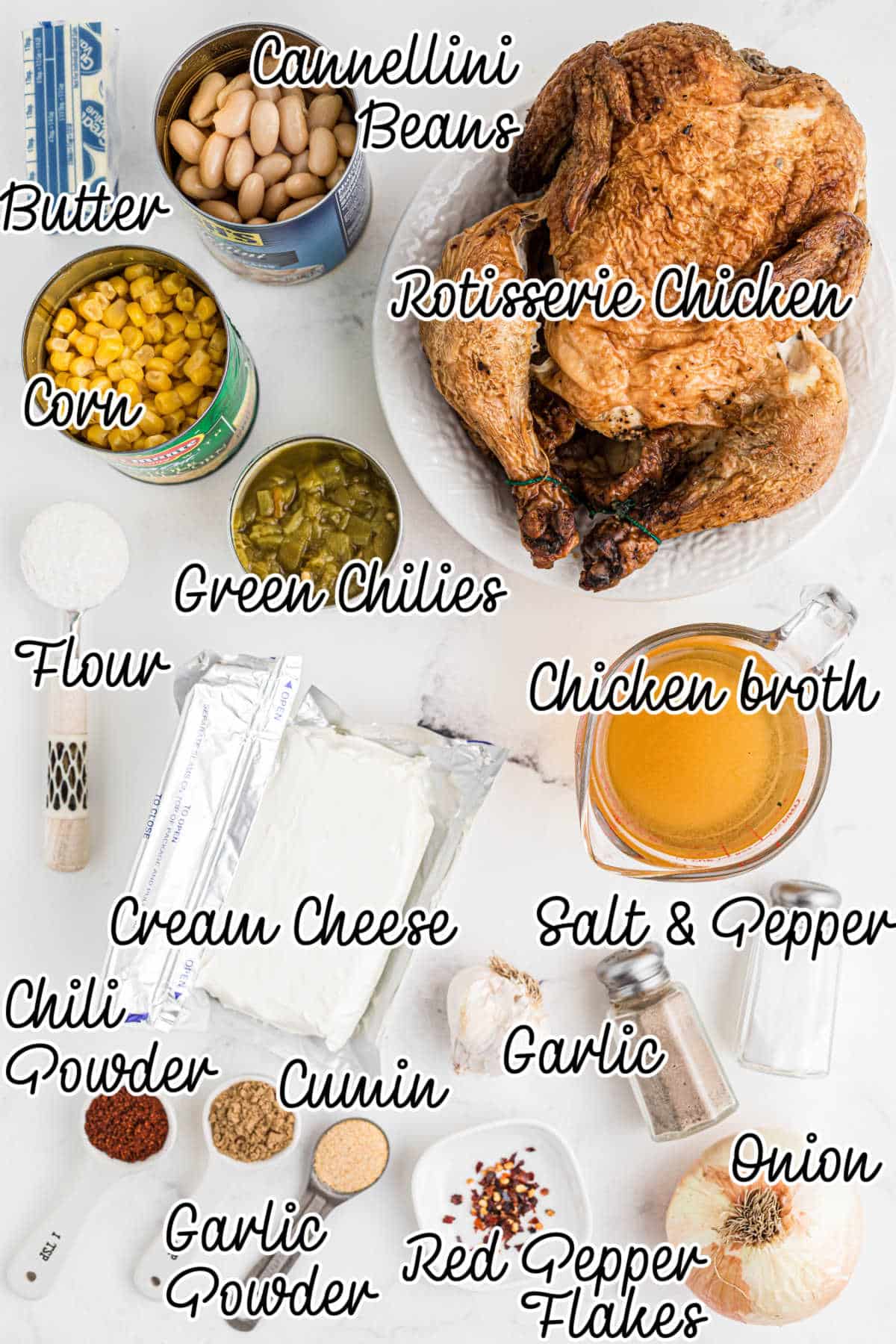 Ingredients laid out showing what is needed to make an easy white chicken chili, with text overlay.